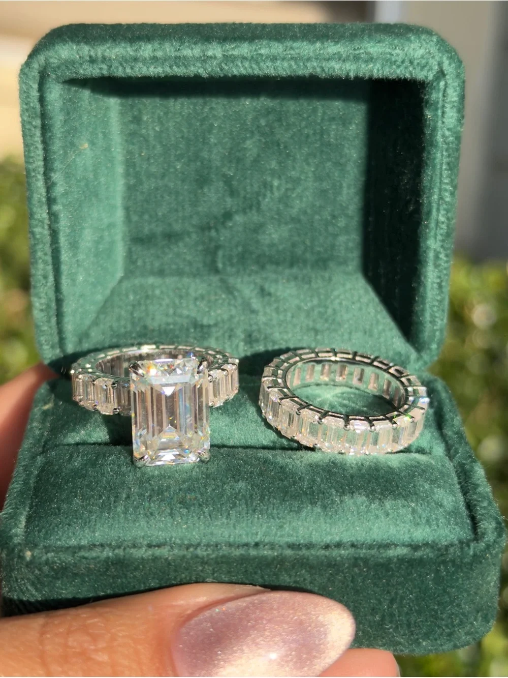 30cttw big emerald cut vvs1 color D Moissanite eternity wedding set